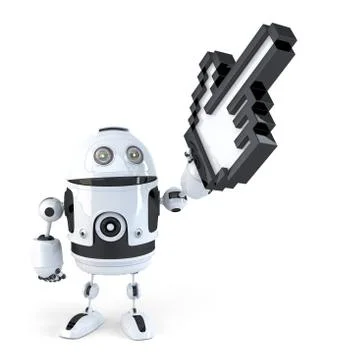 Robot pointing with huge cursor. Isolated. Contains clipping path Stock Illustration