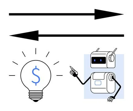 Robot Pointing at Light Bulb with Dollar Sign and Directional Arrows Stock Illustration
