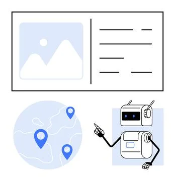 Robot Pointing at Map with Image and Text Box, Highlighting Navigation and .. Stock Illustration