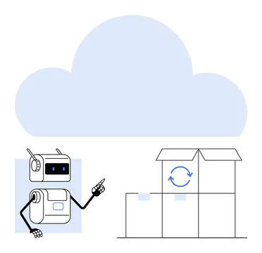 Robot Pointing to Open Boxes with Cloud in Background Representing Data Sto.. 스톡 일러스트
