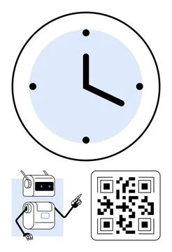Robot pointing at a QR code below a large clock indicating time management .. Stockillustratie