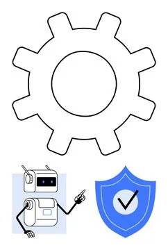 Robot pointing at shield with check mark and gear representing security, te.. イラスト素材