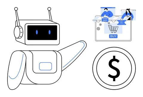 Robot pointing to shopping cart interface, users browsing sales dollar sign.  Stock Illustration