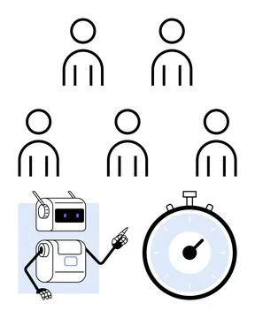 Robot pointing at stopwatch with multiple simple human figures indicating t.. Stock Illustration