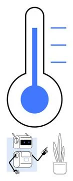 Robot Pointing at Thermometer, Analyzing Temperature with Potted Plant Nearby Stock Illustration
