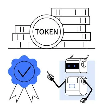 Robot Pointing at Token Coin Stack with Blue Ribbon Badge Representing Digital Stock Illustration