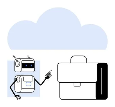 Robot pointing toward a briefcase in front of a large cloud. Ideal for tech,  Stock Illustration