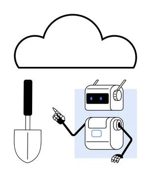 Robot Pointing Towards Cloud with Garden Shovel Stock Illustration