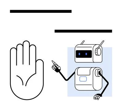 Robot Pointing Towards Hand Gesture Symbolizing Caution or Instruction Acro.. Stock Illustration