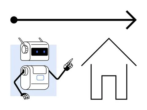 Robot Pointing Towards House with Forward Arrow Symbolizing Progress and Fu.. Stock Illustration