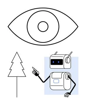 Robot Pointing to Tree with Big Eye Above, Representing AI and Environmenta.. Stock Illustration