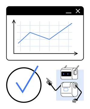Robot pointing to upward trend graph, checkmark represents success Growth a.. Stock Illustration