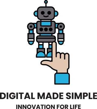 A robot is pointing to a white background with the words "Digital Made Simp.. Stock Illustration