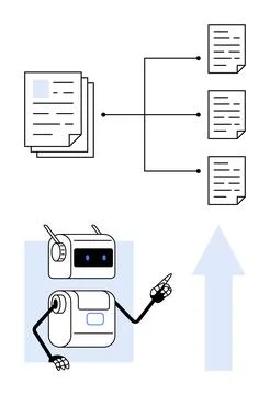 Robot points, documents organized in flowchart. Ideal for data management, AI Stock Illustration