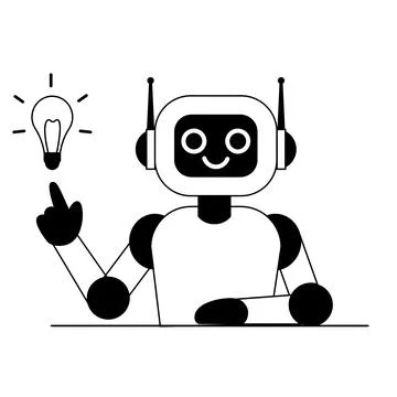 The robot points to the light bulb and develops an innovative business idea or Stock Illustration