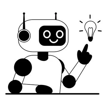 The robot points to the light bulb and develops an innovative business idea or Illustrazione stock