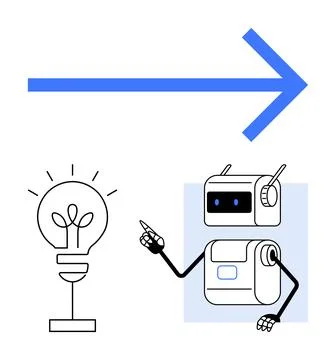 Robot points at a light bulb a symbol of ideas, near a large blue arrow. Idea Stock Illustration