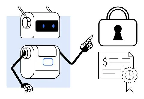 Robot points to padlock and certified document. Ideal for cybersecurity, data Stock Illustration