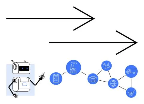 Robot Points to Supply Chain Management Processes with Industry Icons in Bl.. Illustrazione stock