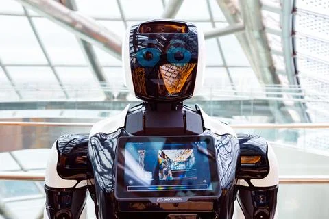 Robot portrait close-up. smiling face of robot, photographer's reflection Stock Photos
