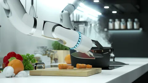 Robot prepares lunch. Robot hand cuts carrot, throws it into boiling water Stock Footage 138934460