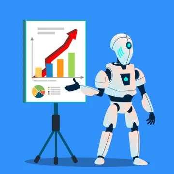 Robot Preparing Analytic And Financial Graphics Vector. Isolated Illustration Stock Illustration