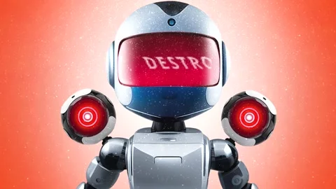 The robot is preparing to attack. Robot invasion. Red background. Stock Footage 233658073