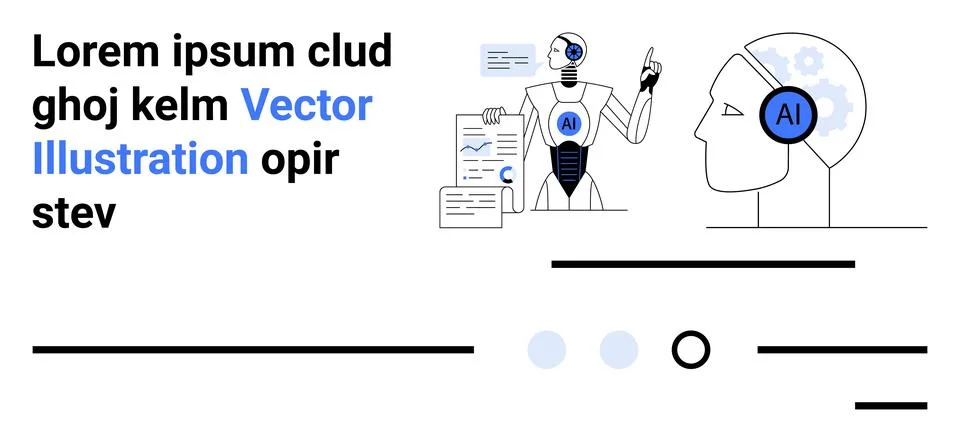 Robot presenting AI data, human head with AI gear, and various graphical elem Illustrazione stock