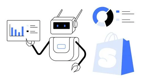 Robot Presenting Analytics with E-commerce and Data Visualization Elements Illustrazione stock