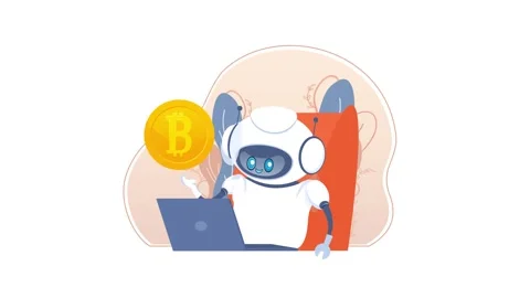 Robot presenting and working with bitcoin cryptocurrency on laptop Stock Footage 319027834