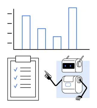 Robot Presenting Bar Chart Analysis and Checklist Verification for Data Revie Stock Illustration