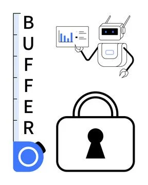 Robot presenting bar chart data with padlock and buffer scale. Ideal for tech Illustrazione stock