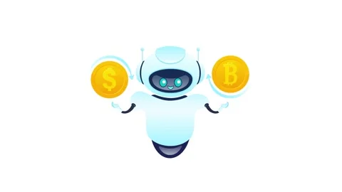 Robot presenting bitcoin and dollar coins on white and green screen backgrounds Stock Footage 319023846
