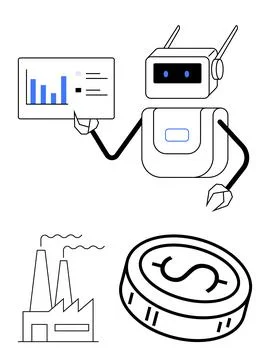 Robot Presenting Business Data with Factory and Coin Icons, Highlighting In.. Illustrazione stock