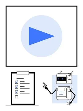 Robot Presenting Completed Checklist and Video Play Button for Efficient Wo.. Stock Illustration