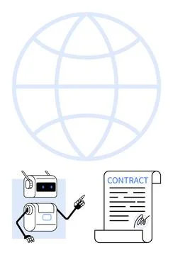 Robot Presenting Contract with Global Network in Background, Highlighting D.. Illustrazione stock