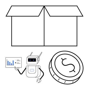 Robot Presenting Data Analysis, Coin, Open Box Representing Financial Plann.. Stock Illustration