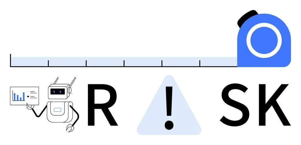 Robot presenting data analysis with a tape measure above the word RISK emph.. Stock Illustration