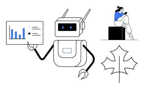 Robot presenting data analysis while person using smartphone and a maple leaf Stock Illustration