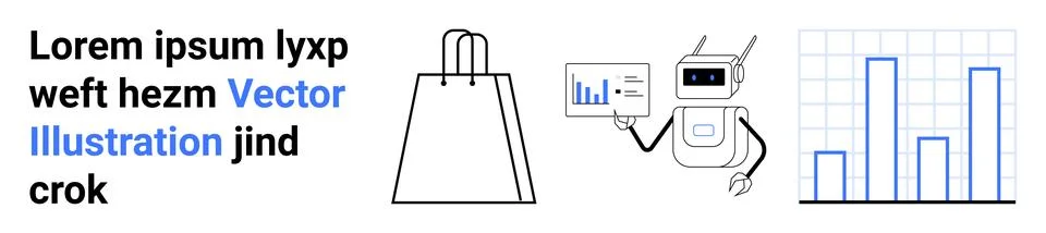 Robot presenting data, bar chart, shopping bag, and placeholder text. Ideal f Illustrazione stock