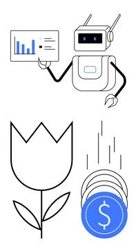 Robot presenting data, blooming flower, and falling coins highlighting grow.. Stock-Illustration