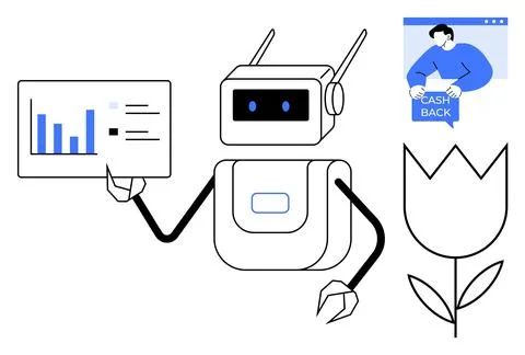 Robot Presenting Data with Cash Back Rewards and Nature Elements Stockillustratie