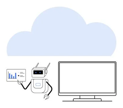 Robot Presenting Data on Chart Beside Large Monitor with Cloud in Backgroun.. 库存插图