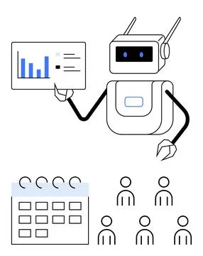 Robot presenting data with chart, calendar, and audience icons emphasizing Stock Illustration