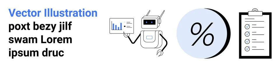 Robot Presenting Data Chart, Percentage Symbol, and Checklist on Clipboard Illustrazione stock