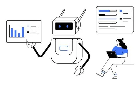 Robot presenting data charts on screen to a woman using a laptop. Ideal for A Illustrazione stock