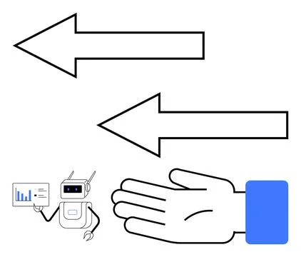 Robot presenting data with directional arrows and hand technological advanc.. イラスト素材