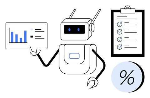 Robot presenting data on a screen with blue charts, a checklist clipboard, an 库存插图