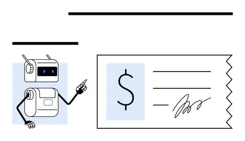 Robot Presenting Digital Check for Automated Banking and Financial Transactio Illustrazione stock