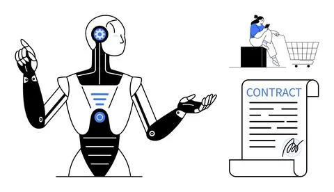 Robot Presenting Digital Contract with Pensive Shopper in Background, Bridg.. Illustrazione stock